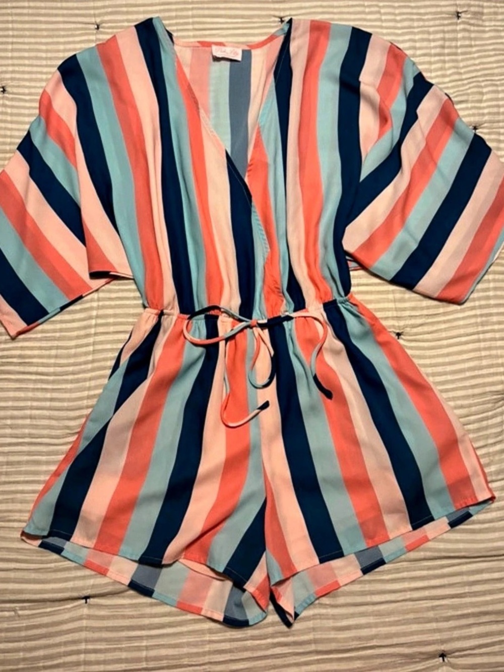 Pink Lily Striped Romper in Coral & Blue Size Small